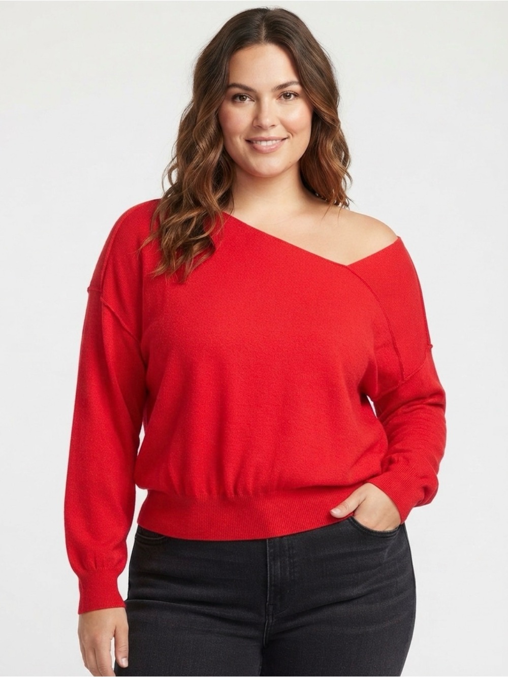 Line & Dot Asymmetric Off-the-Shoulder Knit Sweater Red Size S